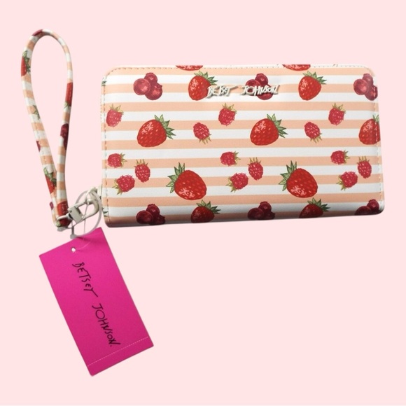 NWT Betsey Johnson Strawberry Fruit Striped Berry Wallet Wristlet Zip Around NEW - Picture 1 of 14